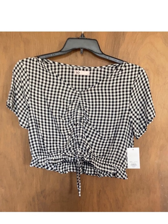 SO Tops - SO boho casual top black white check short sleeve cinch front casual L jr